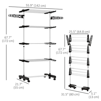 Garment Drying Rack Stainless Steel Folding Clothes Hanging Rack with Side Wings Castors for Indoor Outdoor Black