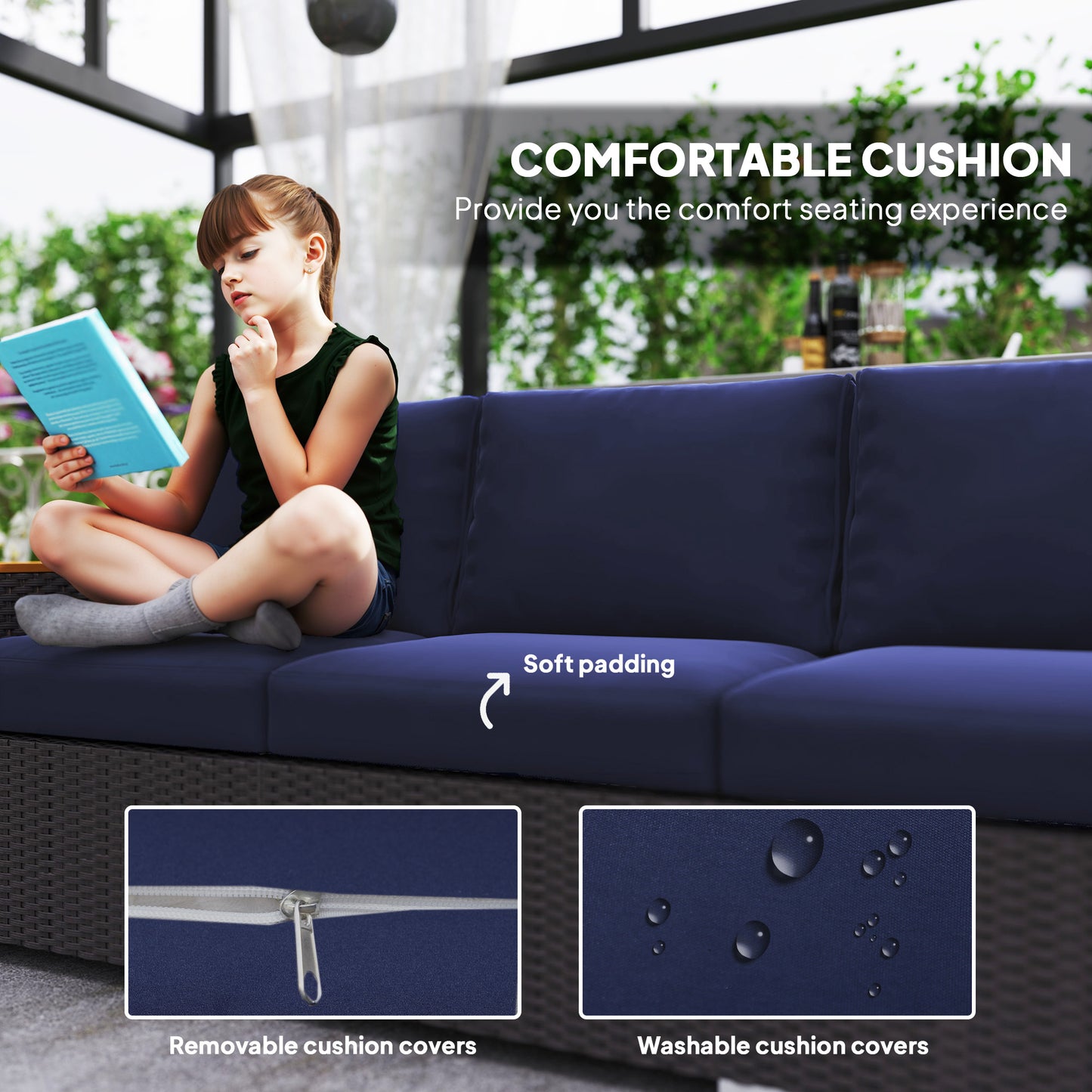 3-Seater Outdoor Sofa Couch, PE Wicker Patio Sofa with Cushions, Wood Grain Armrests, Dark Blue