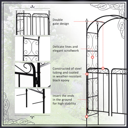 7' Metal Garden Arbor Arch with Scrollwork Doors for Ceremony, Weddings, Party, Backyard, Lawn