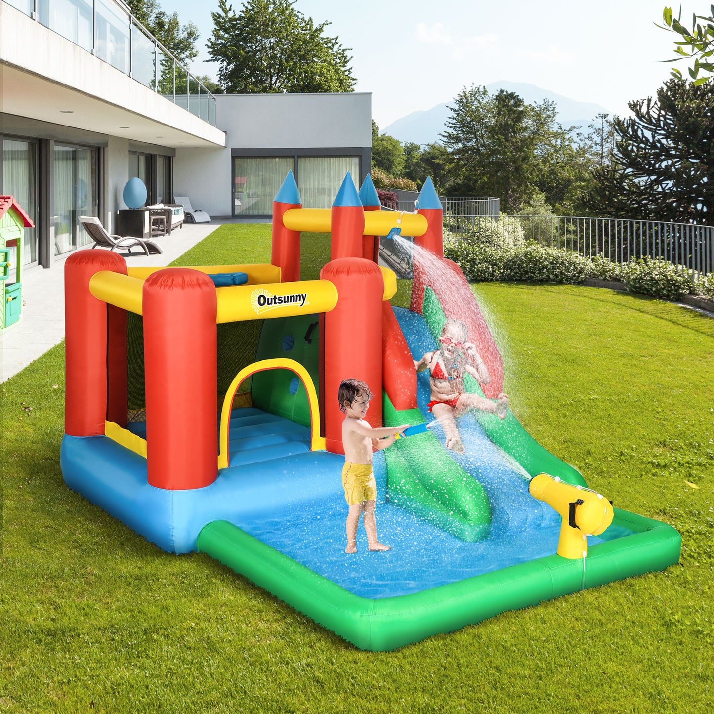 Kids Inflatable 6 in 1 Bouncy Castle House Trampoline Slide Water Pool Gun Climbing Wall Basket with Inflator for Kids Age 3-12 Summer 11.5' x 8.8' x 7' Multi-color