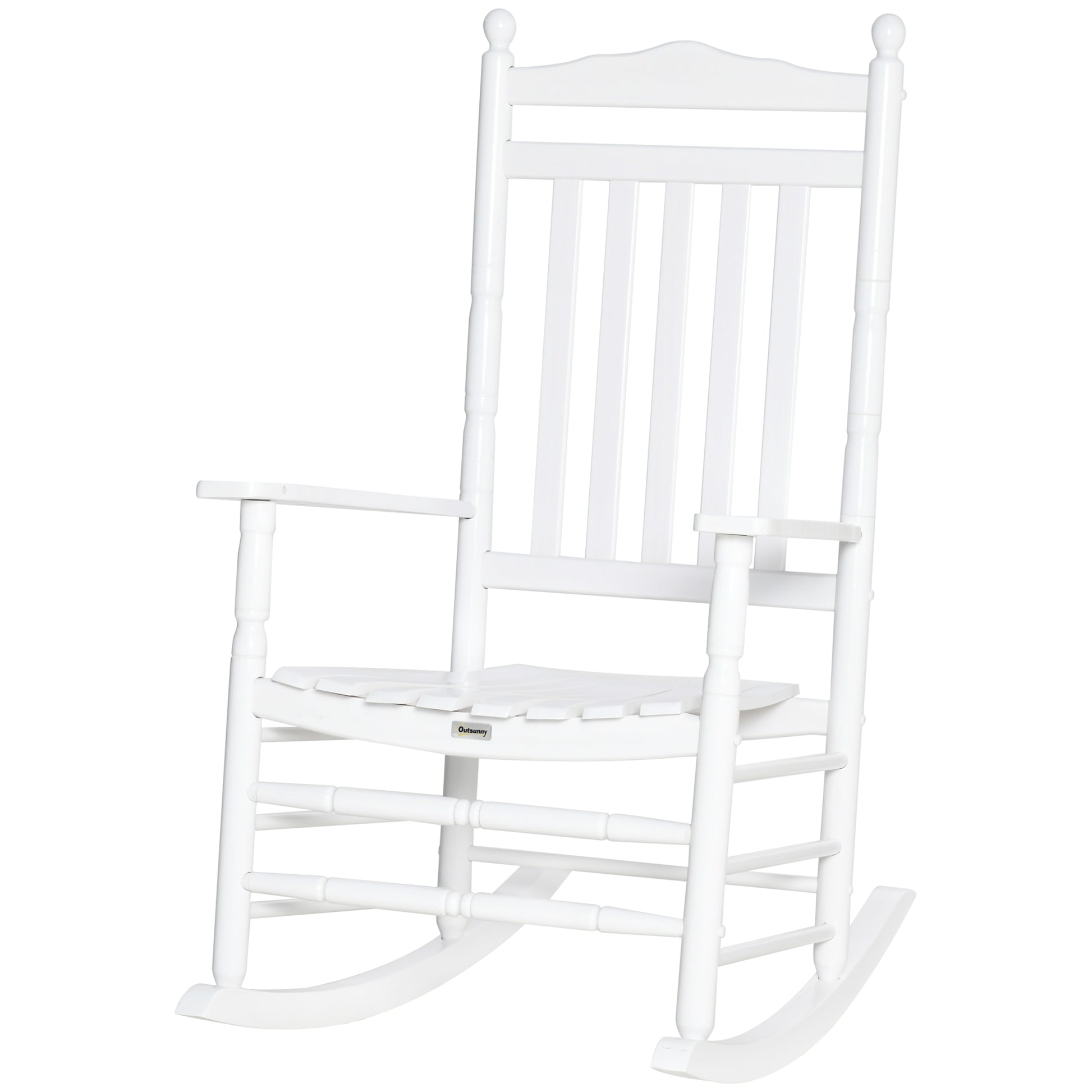 Wooden Outdoor Rocking Chair, Patio Rocking Chair with Slatted High Back and Armrests for Porch, Garden, Lawn, White