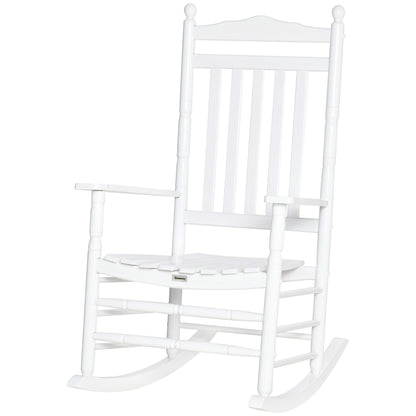 Wooden Outdoor Rocking Chair, Patio Rocking Chair with Slatted High Back and Armrests for Porch, Garden, Lawn, White