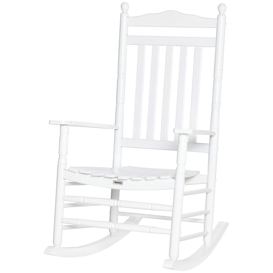 Wooden Outdoor Rocking Chair, Patio Rocking Chair with Slatted High Back and Armrests for Porch, Garden, Lawn, White