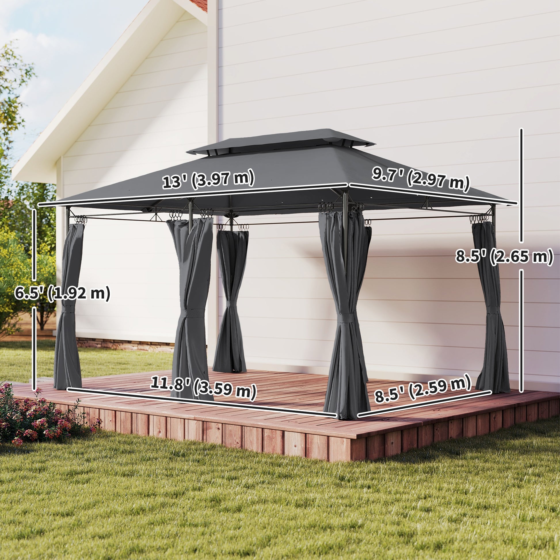 10' x 13' Double Roof Patio Gazebo, Outdoor Gazebo with Curtains, for Garden, Lawn, Backyard and Deck, Grey