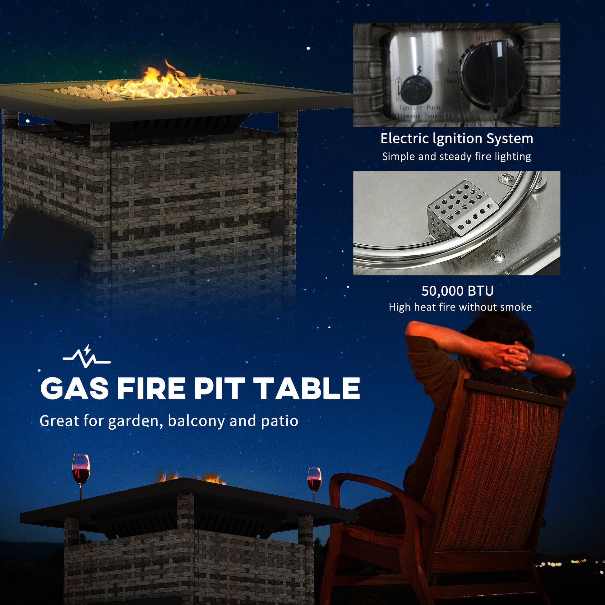 Outdoor PE Rattan Propane Fire Pit Table, 50,000 BTU Pulse-Ignition Wicker Fire Table, Mixed Grey