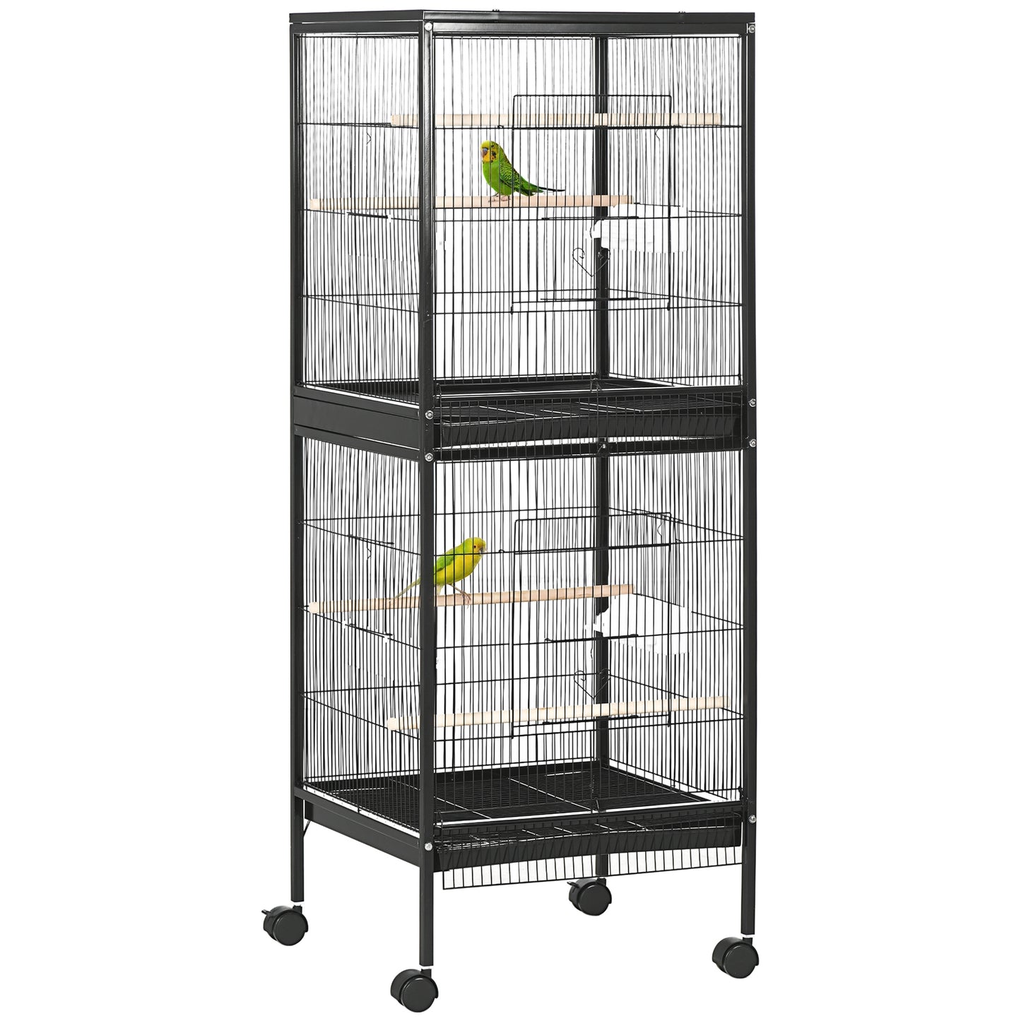 55.1" 2 In 1 Bird Cage Aviary Parakeet House for finches, budgies with Wheels, Slide-out Trays, Wood Perch, Food Containers, Black