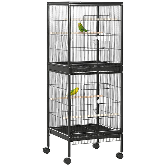 55.1" 2 In 1 Bird Cage Aviary Parakeet House for finches, budgies with Wheels, Slide-out Trays, Wood Perch, Food Containers, Black