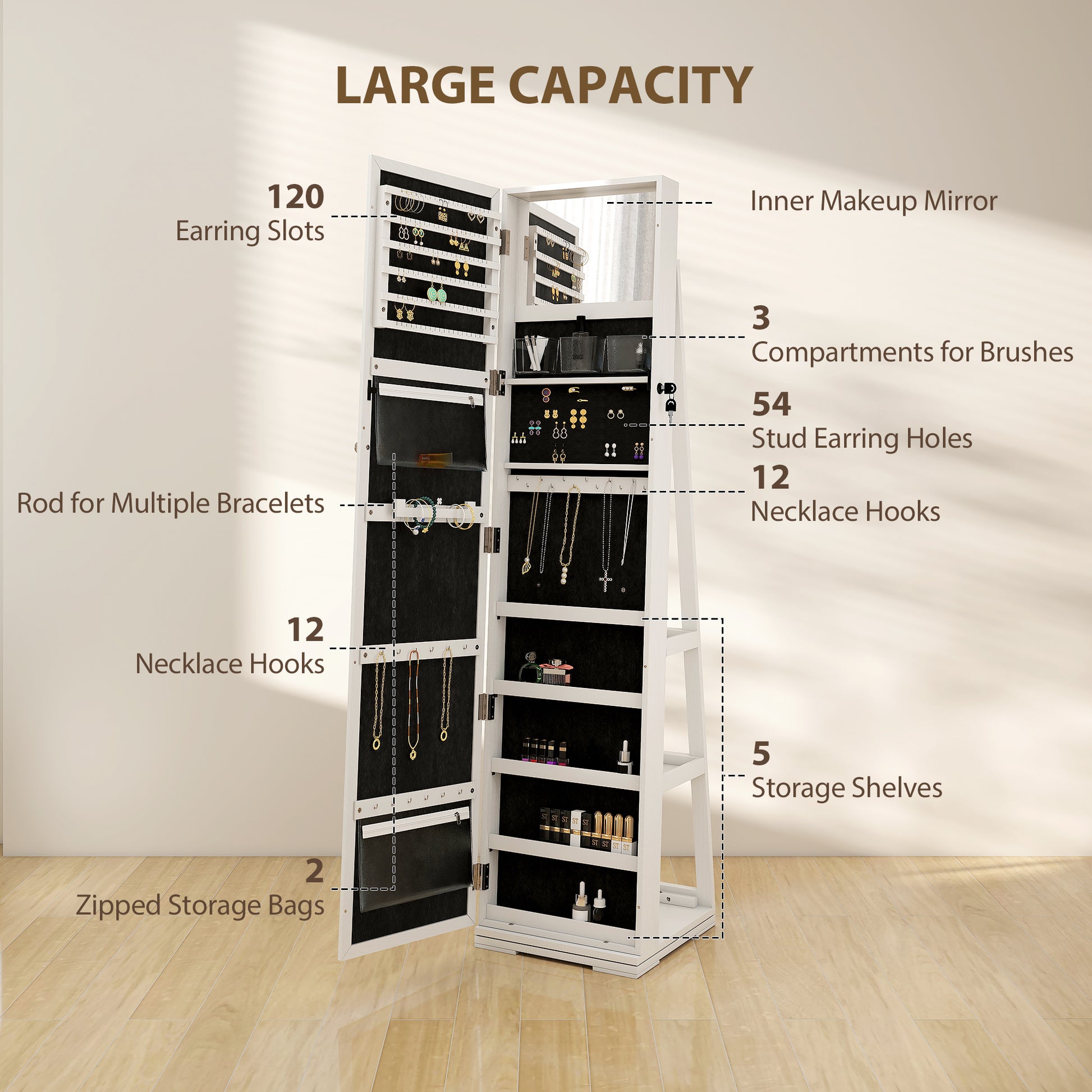 360° Swivel Jewelry Armoire, Lockable Mirror Jewelry Cabinet with Built-In Small Mirror, White