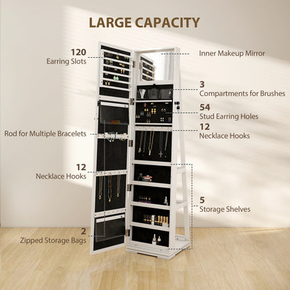 360° Swivel Jewelry Armoire, Lockable Mirror Jewelry Cabinet with Built-In Small Mirror, White