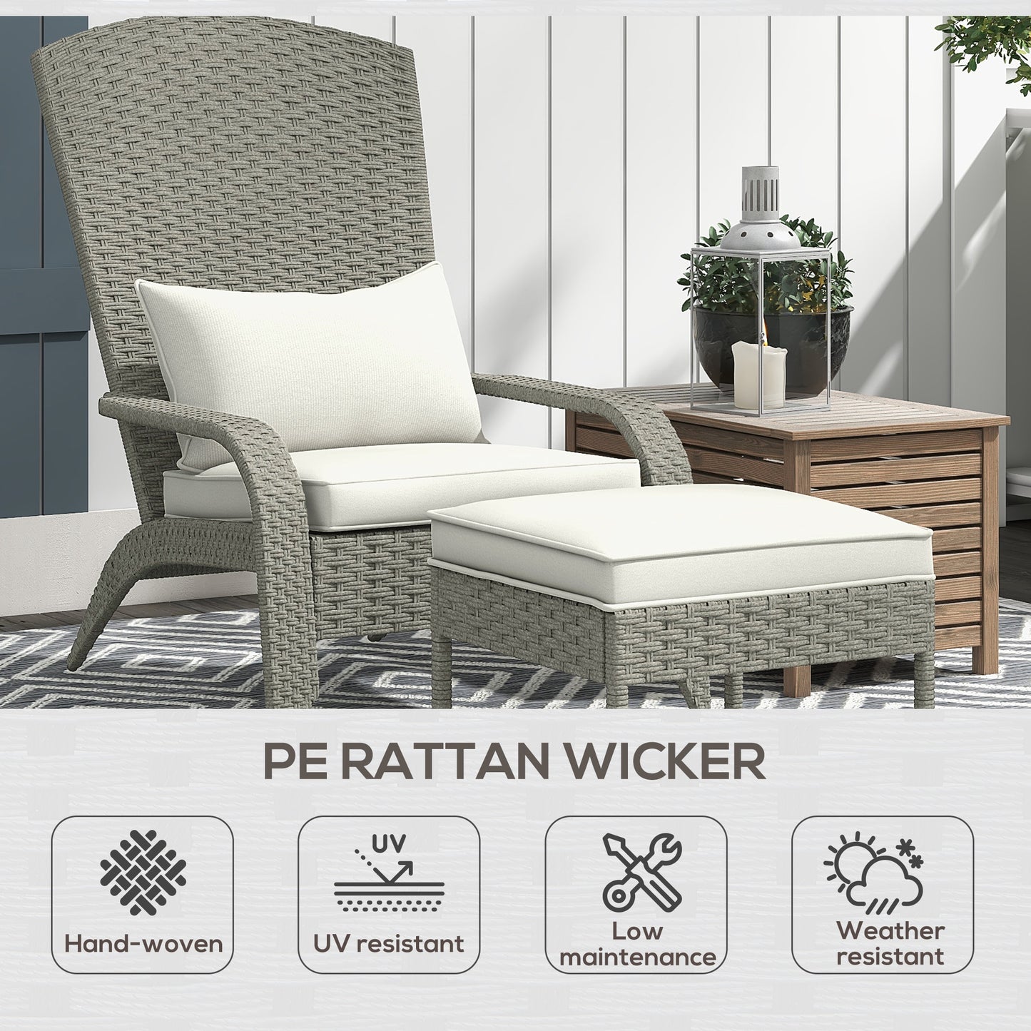 Wicker Adirondack Chair with Ottoman, Patio Cushioned Muskoka Chair, Outdoor Fire Pit Chair with High-back and Armrests, for Deck, Garden, Backyard, Grey/Cream White