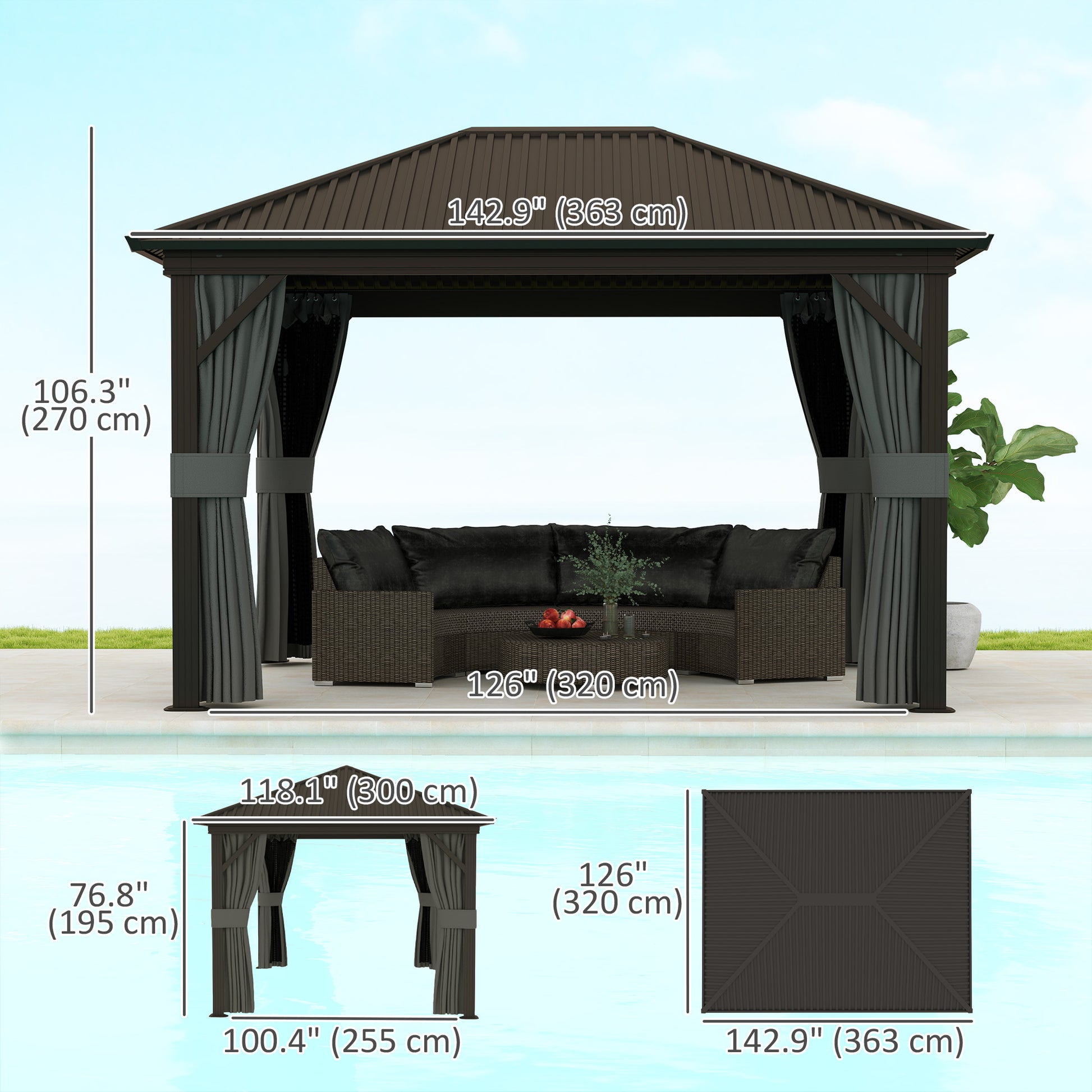 10' x 12' Outdoor Hardtop Gazebo Metal Roof Patio Gazebo with Aluminum Frame, Mesh Nettings, Dark Grey