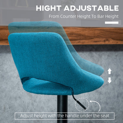 Bar Stools Set of 2, Swivel Counter Height Barstools with Adjustable Height, Linen Upholstered Bar Chairs with Round Metal Base and Footrest, Blue