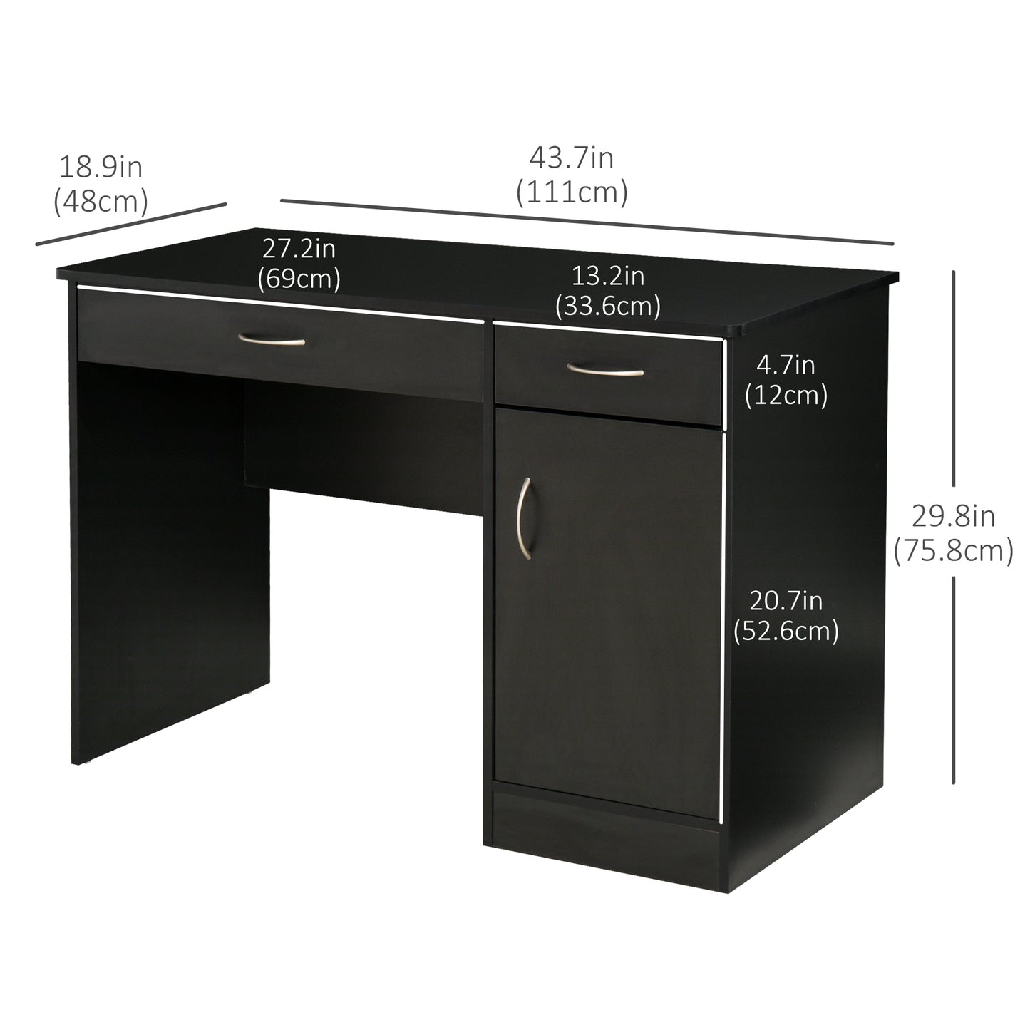 Computer Desk with Storage Drawers, Study Writing Table with Cabinet Adjustable Shelf for Home Office Workstation Bedroom, Black