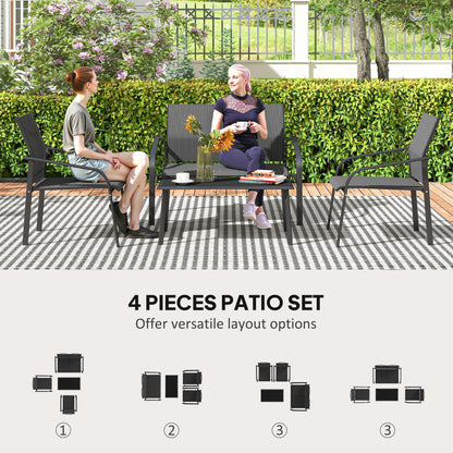 4 Piece Patio Furniture Set, Outdoor Conversation Set with Deep Seat, Loveseats, Armchairs, Glass-Top Table, Black