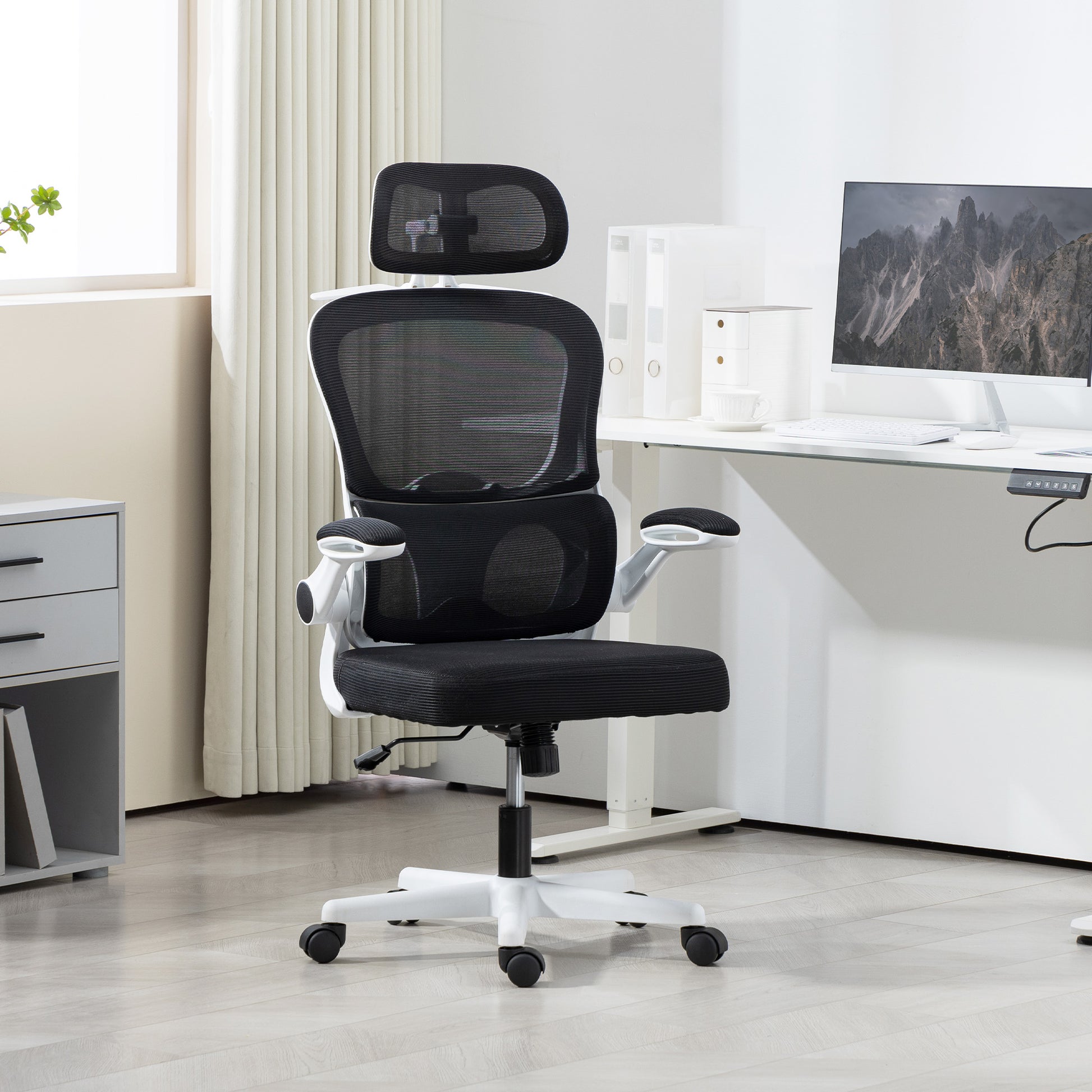 Mesh Office Chair, Ergonomic Desk Chair with Flip-up Armrest, Rotatable Headrest, Adjustable Lumbar Support, Black