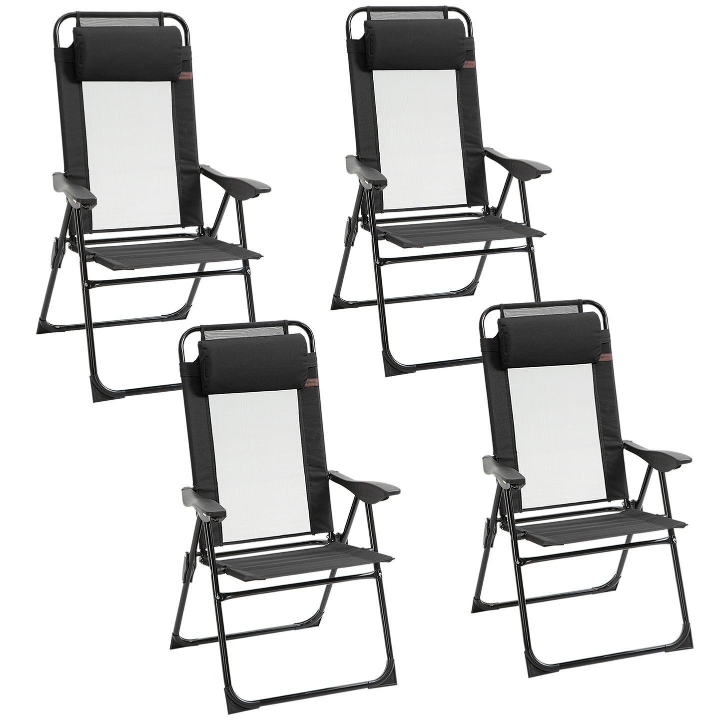 Set of 4 Camping Chairs, Outdoor Folding Lounge Chair Set with 5 Level Adjustable Backrest, Removable Headrest, Armrest for Camping, Backyard, Black