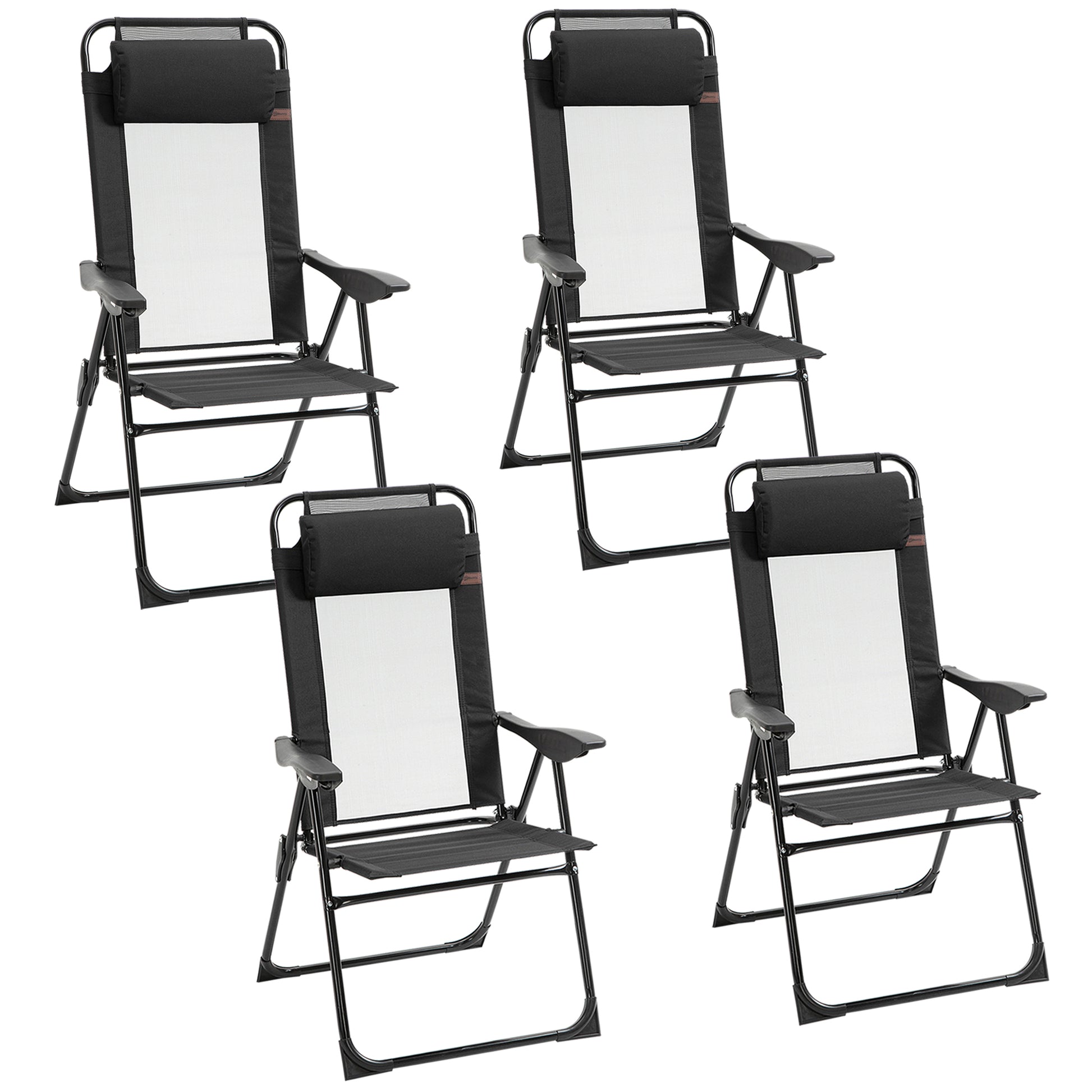 Set of 4 Camping Chairs, Outdoor Folding Lounge Chair Set with 5 Level Adjustable Backrest, Removable Headrest, Armrest for Camping, Backyard, Black