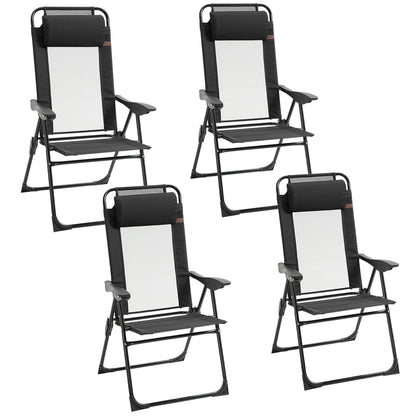 Set of 4 Camping Chairs, Outdoor Folding Lounge Chair Set with 5 Level Adjustable Backrest, Removable Headrest, Armrest for Camping, Backyard, Black