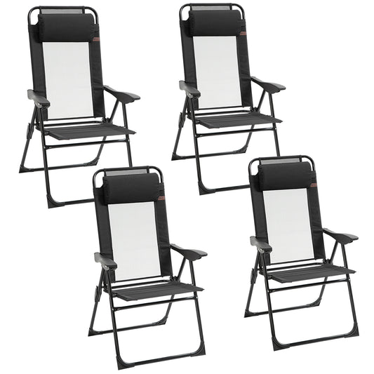 Set of 4 Camping Chairs, Outdoor Folding Lounge Chair Set with 5 Level Adjustable Backrest, Removable Headrest, Armrest for Camping, Backyard, Black