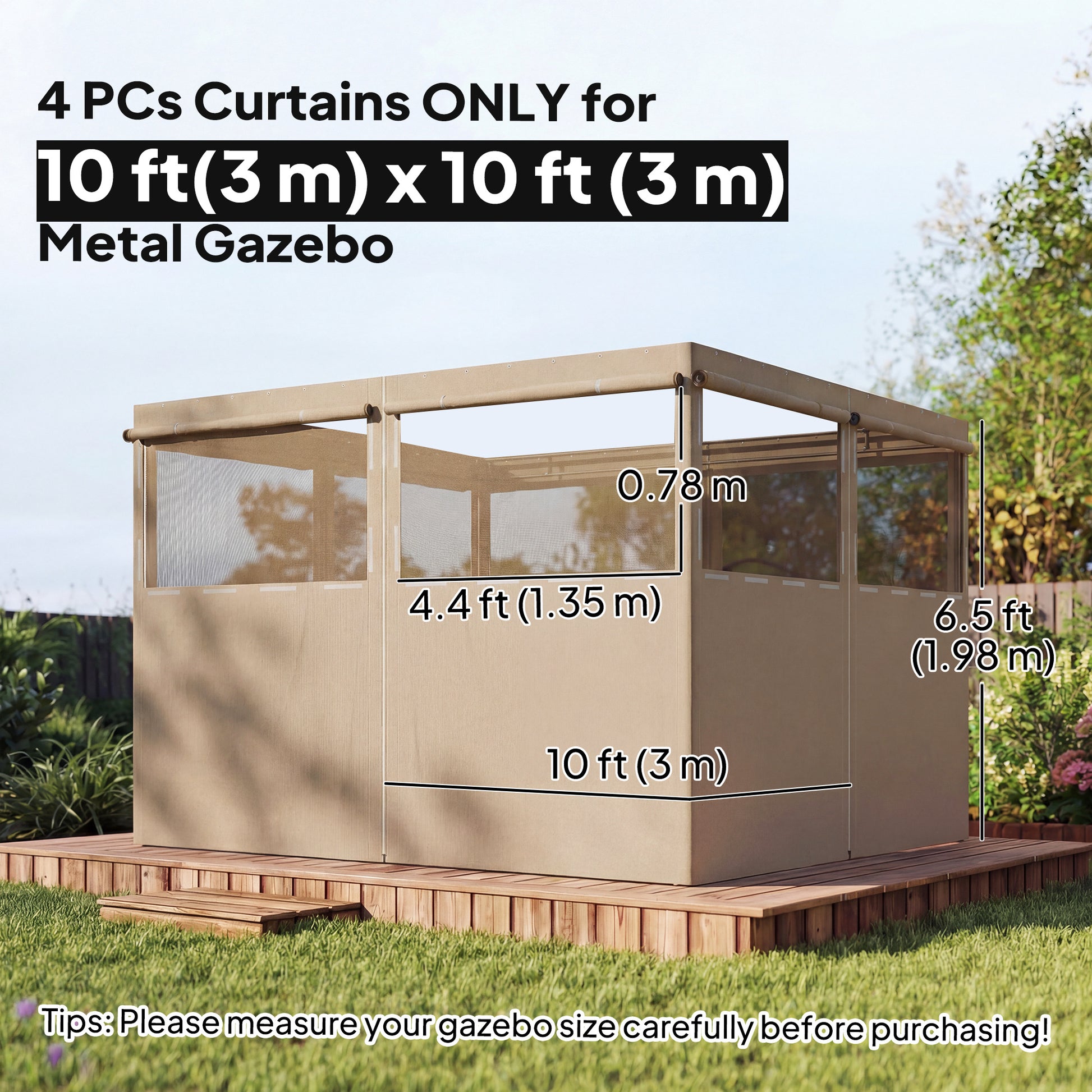 Gazebo Curtains, 10' x 10' Universal Replacement Privacy Curtain, 4-Panels Sidewall with Roll up Mesh Windows, Khaki