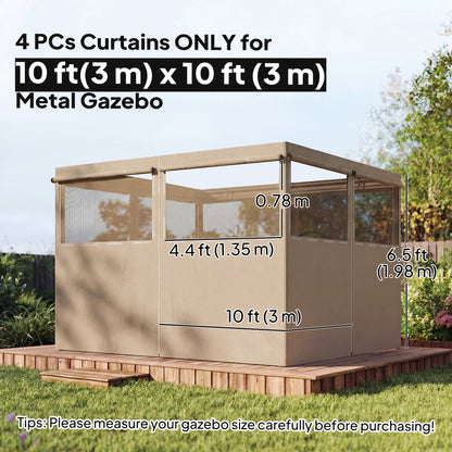 Gazebo Curtains, 10' x 10' Universal Replacement Privacy Curtain, 4-Panels Sidewall with Roll up Mesh Windows, Khaki