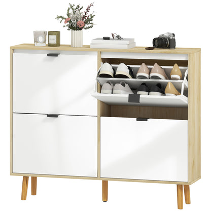 Narrow Shoe Cabinet, High Gloss Shoe Storage Cabinet with 4 Flip Drawers and Adjustable Shelves, Holds 20 Pairs, White