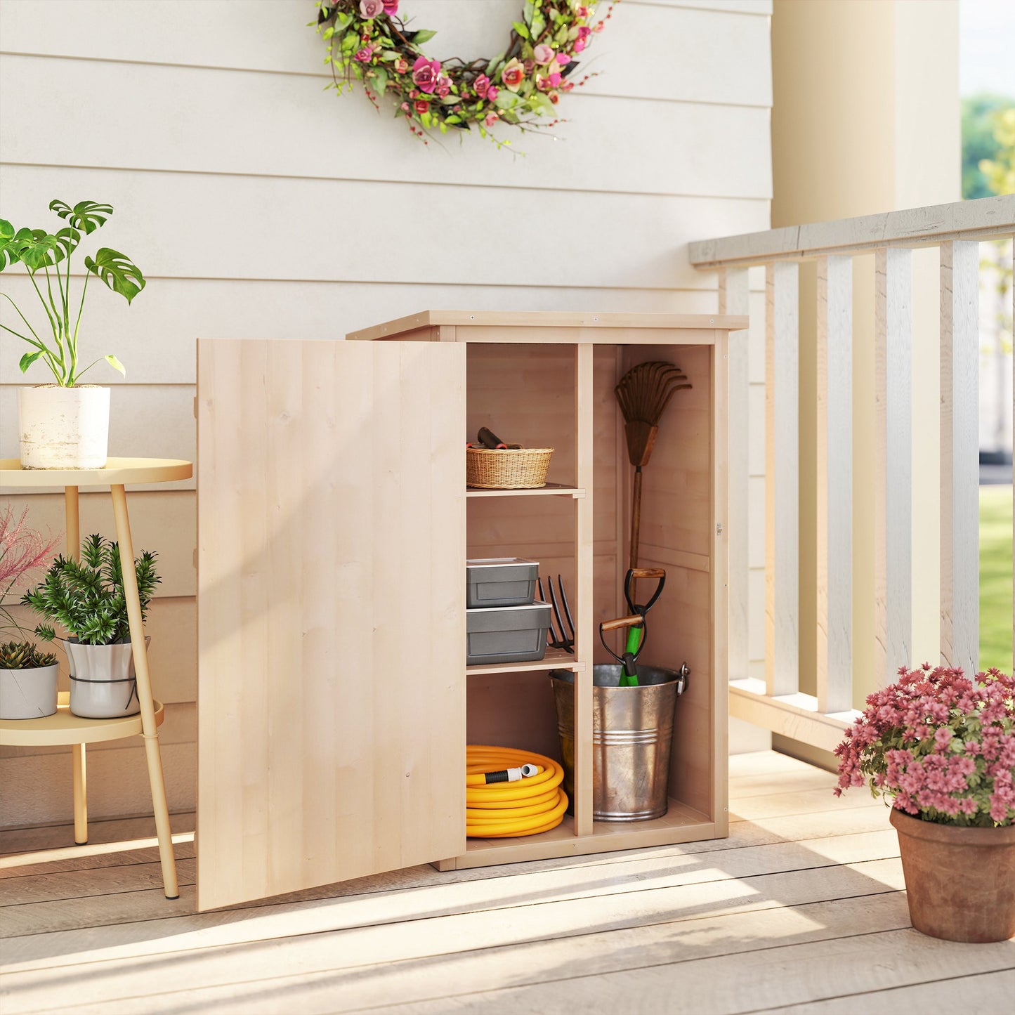29.9"x21.7"x45.3"Garden Storage Shed with Asphalt Roof, Outdoor Storage Cabinet w/ Shelves, Natural