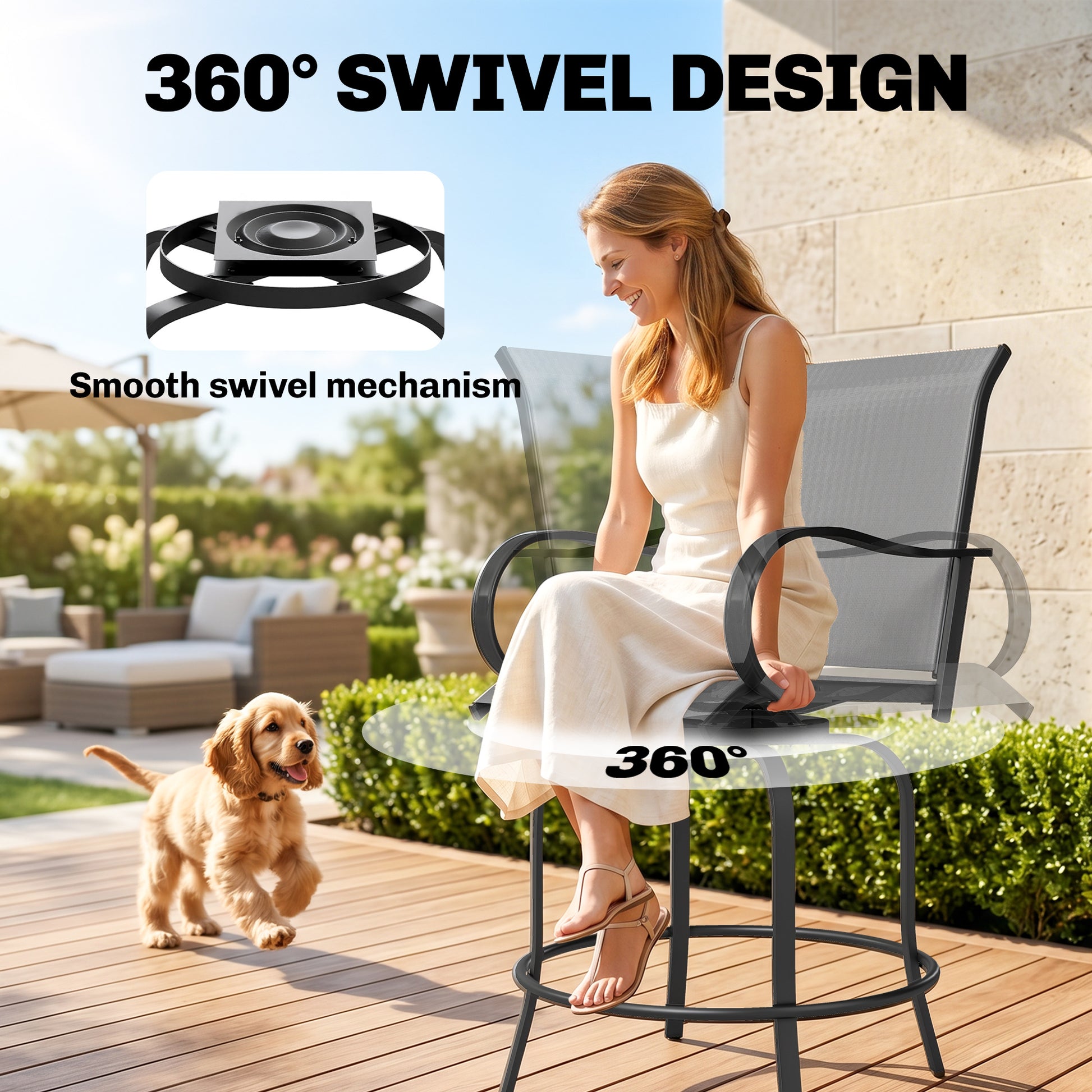 Outdoor Bar Stools Set of 2, 360° Swivel Bar Height Chairs, 26.8" x 29.5" x 48.4", Grey