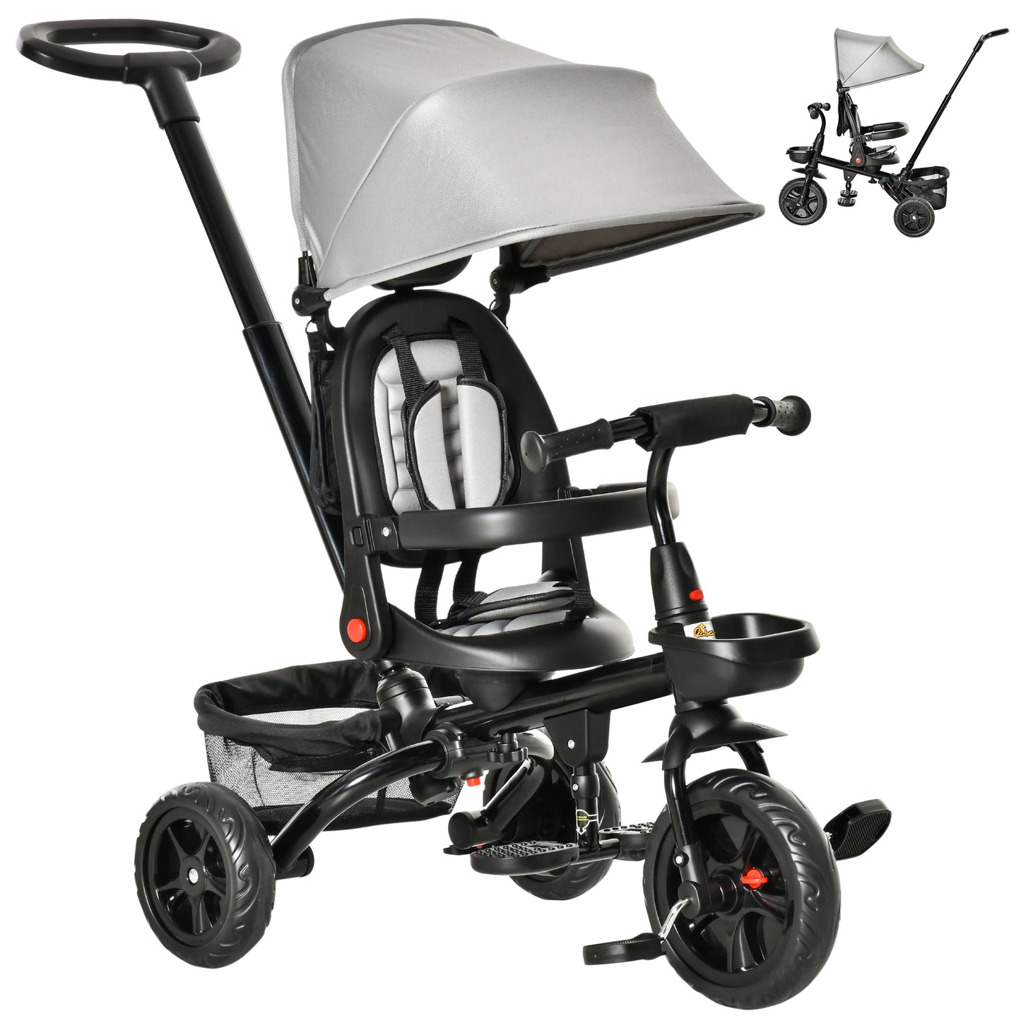 Qaba Tricycle for Toddler 4 in 1 Kids Trike, Foldable Converts Stroller to Toddler Bike, Adjustable Backrest & Curved Canopy, Detachable Guardrail & Handle for 1-5 Years Old, Grey