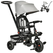 Qaba Tricycle for Toddler 4 in 1 Kids Trike, Foldable Converts Stroller to Toddler Bike, Adjustable Backrest & Curved Canopy, Detachable Guardrail & Handle for 1-5 Years Old, Grey