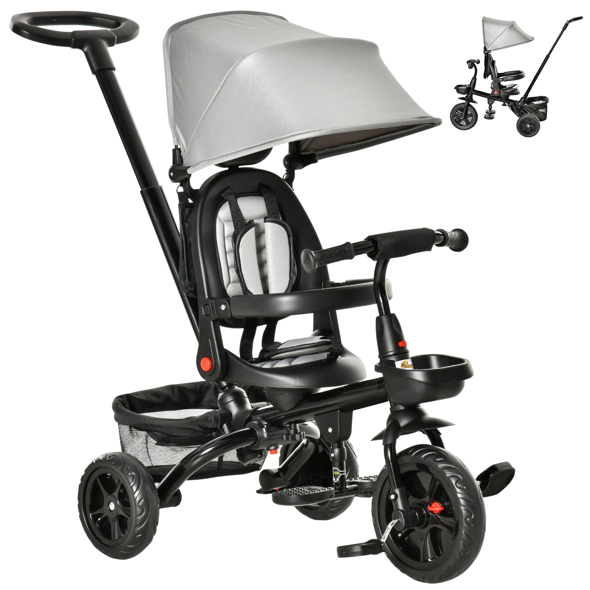 Qaba Tricycle for Toddler 4 in 1 Kids Trike, Foldable Converts Stroller to Toddler Bike, Adjustable Backrest & Curved Canopy, Detachable Guardrail & Handle for 1-5 Years Old, Grey