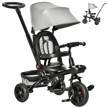 Qaba Tricycle for Toddler 4 in 1 Kids Trike, Foldable Converts Stroller to Toddler Bike, Adjustable Backrest & Curved Canopy, Detachable Guardrail & Handle for 1-5 Years Old, Grey