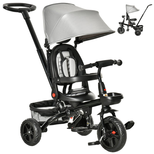 Qaba Tricycle for Toddler 4 in 1 Kids Trike, Foldable Converts Stroller to Toddler Bike, Adjustable Backrest & Curved Canopy, Detachable Guardrail & Handle for 1-5 Years Old, Grey