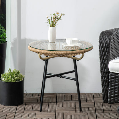 Rattan Side Table, Round Outdoor Table, with Round PE Rattan and Tempered Glass Table Top for Patio, Garden, Beige