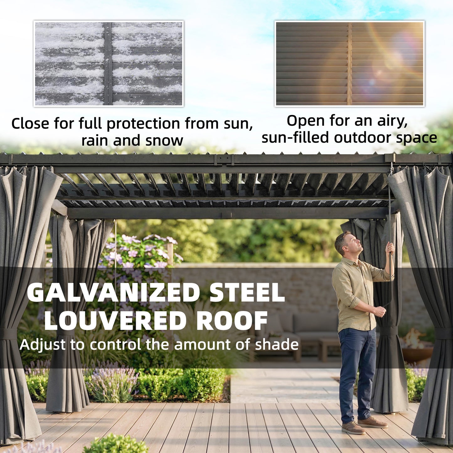 10 x 13 ft Louvered Pergola with Steel Roof, Curtains, Outdoor Metal Pergola Gazebo with Drainage Gutters, Grey