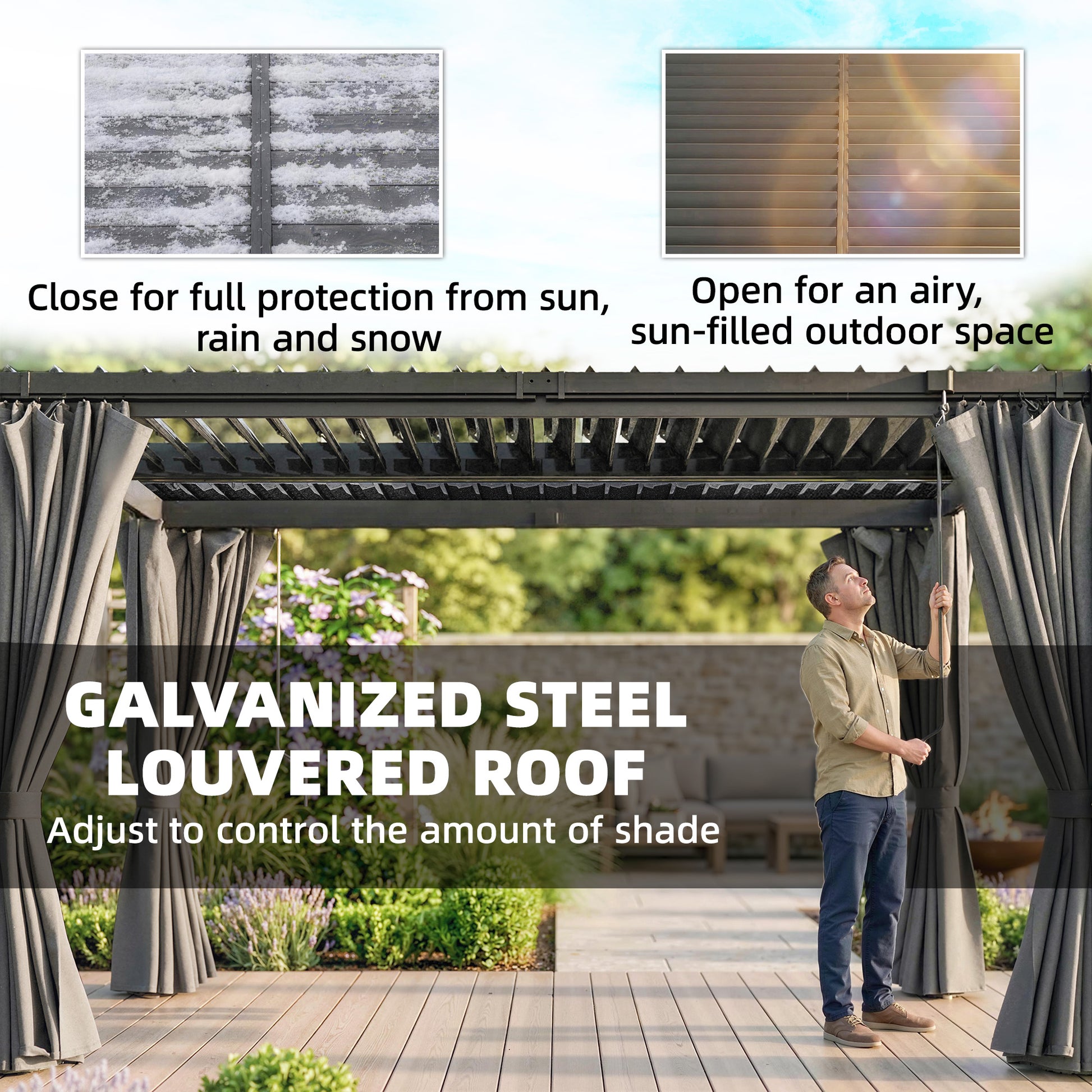 10 x 13 ft Louvered Pergola with Steel Roof, Curtains, Outdoor Metal Pergola Gazebo with Drainage Gutters, Grey