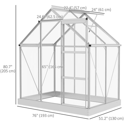 6' x 4' Walk-In Greenhouse, Polycarbonate Greenhouse with Sliding Door, Window, Aluminium Frame, Foundation, Silver