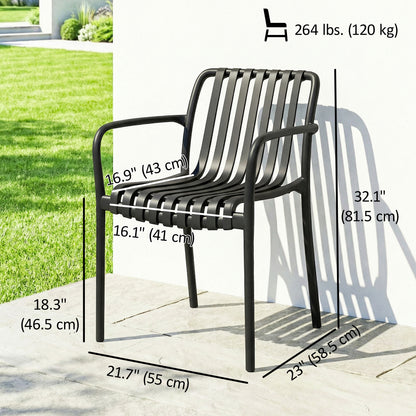 Stackable Patio Chairs Set of 4, Outdoor Dining Chairs with Slatted Seat, Curved Backrest, Armrests, Black