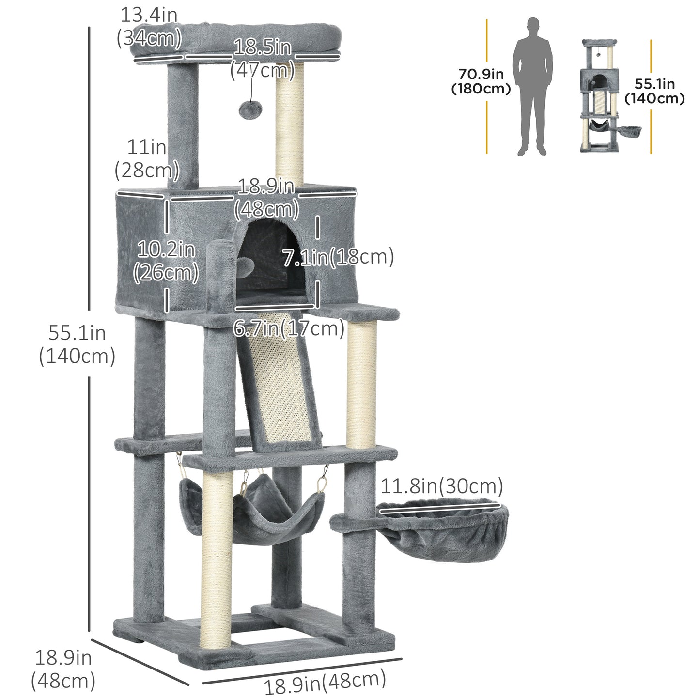 55" Cat Tree for Indoor Cats, Cat Tower, Kitty Activity Center with Cat Bed Ramp Condo Hammocks Hanging Ball Toys Sisal Rope Scratching Post, Grey