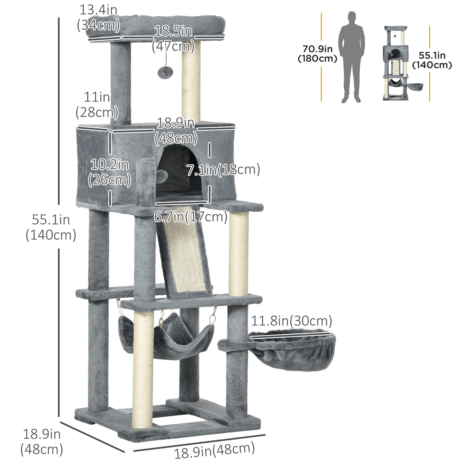 55" Cat Tree for Indoor Cats, Cat Tower, Kitty Activity Center with Cat Bed Ramp Condo Hammocks Hanging Ball Toys Sisal Rope Scratching Post, Grey