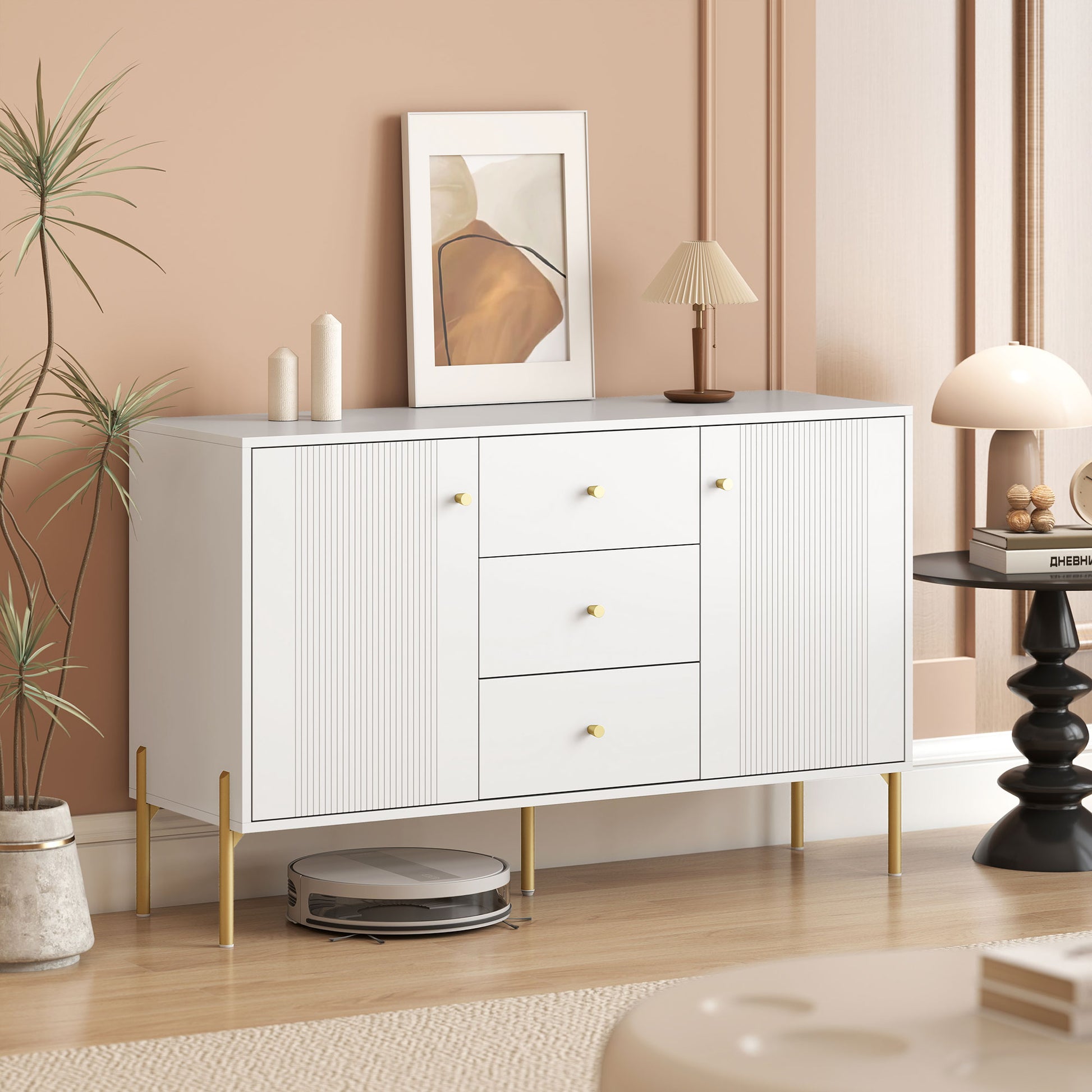 Buffet Cabinet, Modern Sideboard with 3 Soft-Close Drawers and 2 Adjustable Shelves for Living Room, Kitchen, White