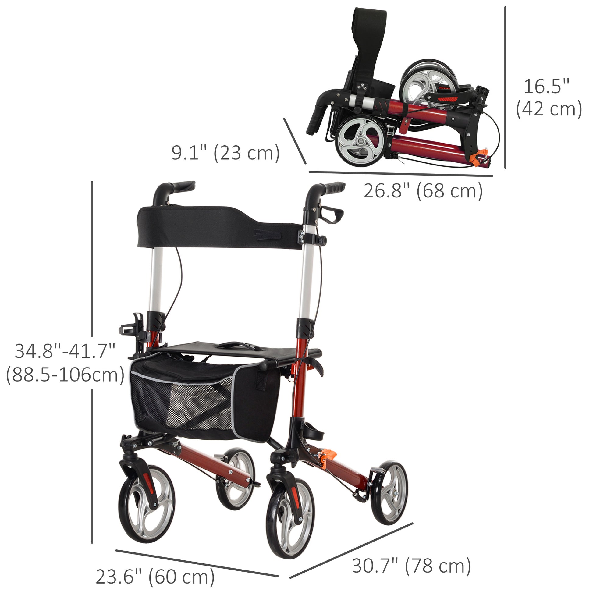 Lightweight Folding Rolling Walker with Large Seat, Back, Adjustable Handle, Bag, Dual Brake, Cane Holder, Red