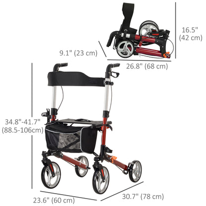 Lightweight Folding Rolling Walker with Large Seat, Back, Adjustable Handle, Bag, Dual Brake, Cane Holder, Red
