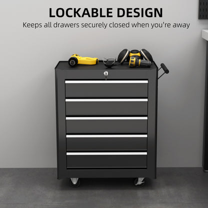 Rolling Tool Chest, 5-Drawer Lockable Tool Cabinet with 4 Wheels, Handle, Toolbox Storage Organizer for Garage, Workshop, Repair Shop, Black
