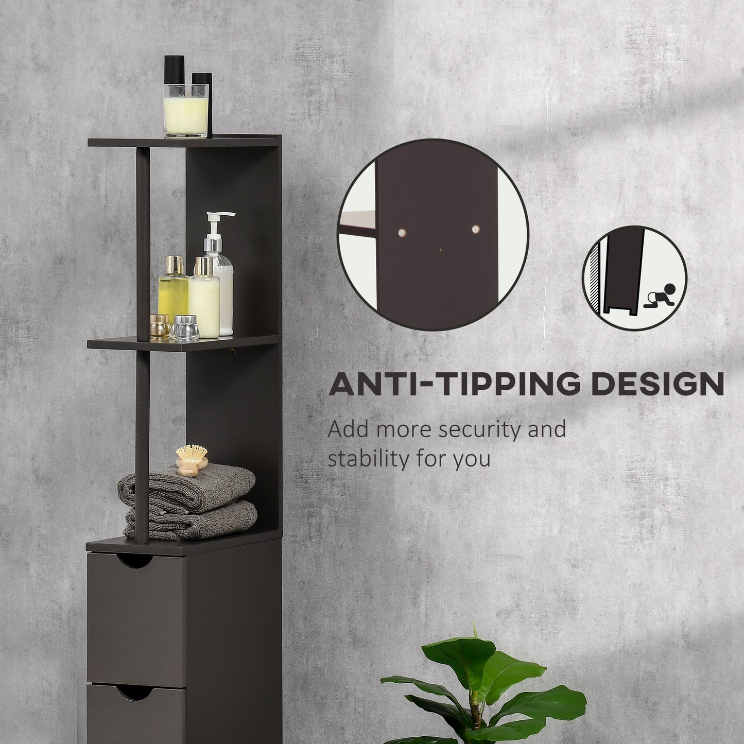 Tall Bathroom Storage Cabinet, Narrow Bathroom Cabinet with Drawers and Open Shelves for Small Spaces, Brown