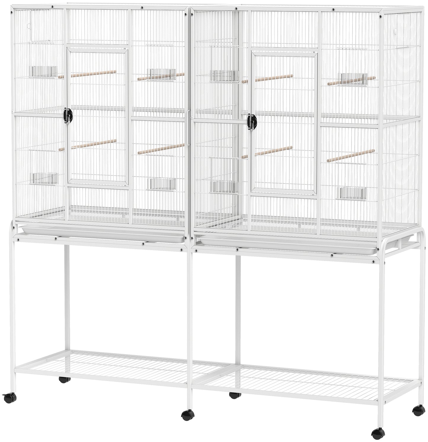 64" Large Rolling Bird Cage Bird House with Detachable Rolling Stand, Storage Shelf, Wood Perch Food Container, White