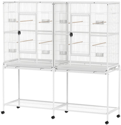 64" Large Rolling Bird Cage Bird House with Detachable Rolling Stand, Storage Shelf, Wood Perch Food Container, White