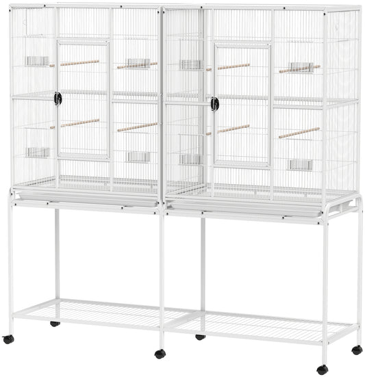 64" Large Rolling Bird Cage Bird House with Detachable Rolling Stand, Storage Shelf, Wood Perch Food Container, White