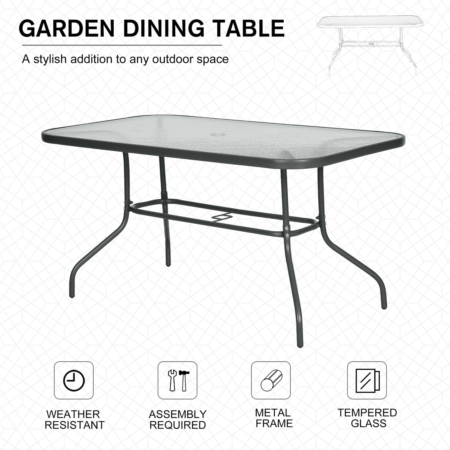 Metal Garden Dining Table with Umbrella Hole, Outdoor Patio Table with Tempered Glass Top, 55" x 31.5"