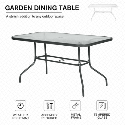 Metal Garden Dining Table with Umbrella Hole, Outdoor Patio Table with Tempered Glass Top, 55" x 31.5"
